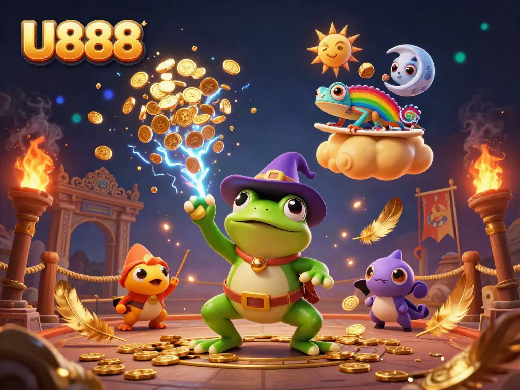 U888 platform featuring interactive frog and chameleon in a gold coin storm, vibrant casino elements.