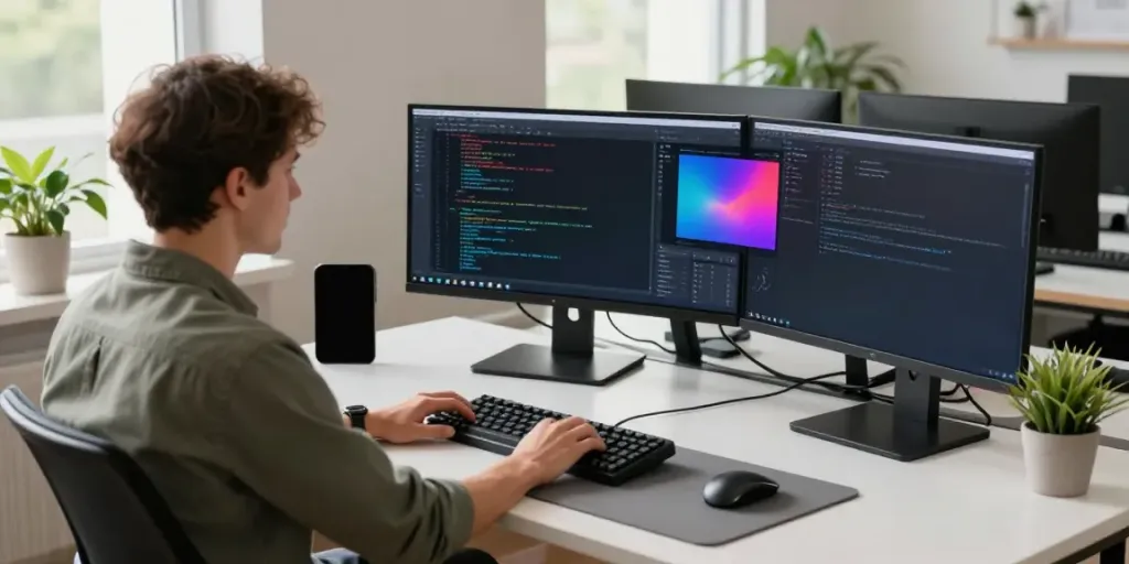 Developer coding in a modern workspace with dual monitors showcasing 2113 Apps.