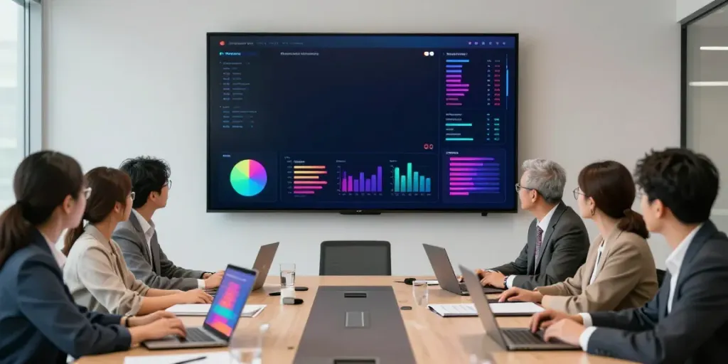 Campaignes d’influence YouTube marketing strategy in a modern office with data visualizations and diverse team collaboration.