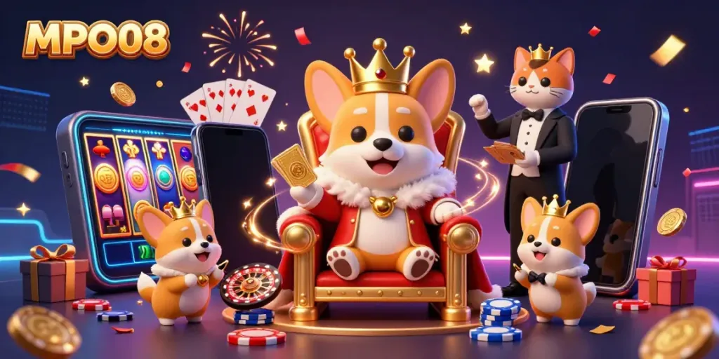 Join the fun at MPO08, featuring a royal corgi on a poker chip throne with gaming elements.