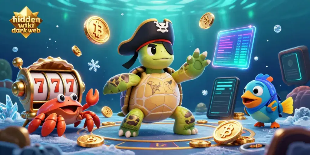 Engage with the hidden wiki dark web through a vibrant underwater casino scene featuring a turtle, crab, and parrotfish.