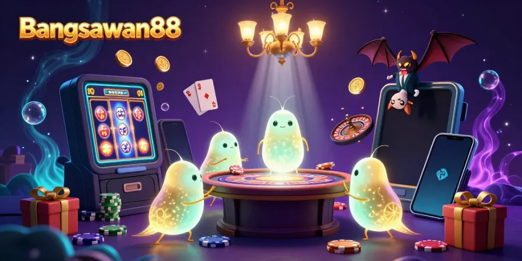 Engage in thrilling gameplay at Bangsawan88 with a vibrant online casino scene featuring colorful slot games and dynamic characters.