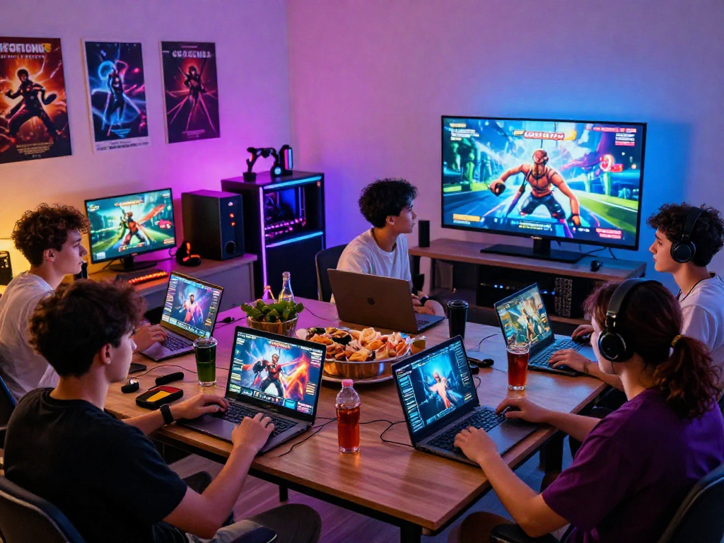 Friends enjoying interactive porn games together, showcasing devices and a vibrant gaming atmosphere.
