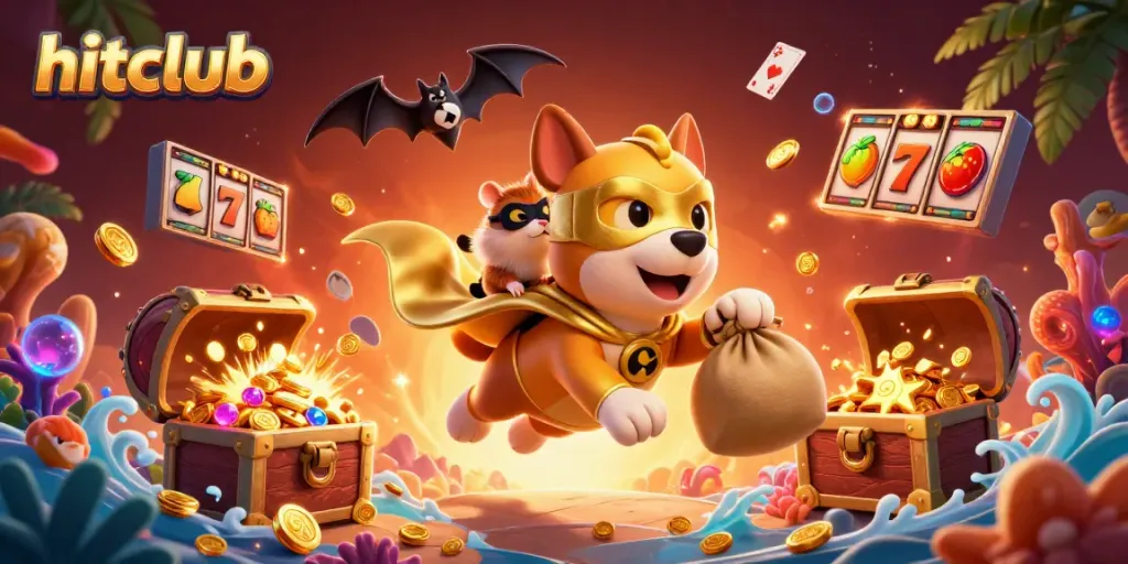 Hitclub's superhero dog and hamster showcase fun and thrilling gold coin collection in an exciting casino scene.