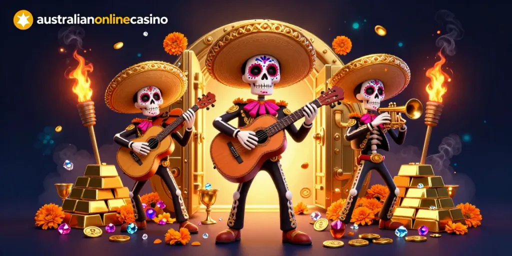 Experience the excitement of australianonlinecasino with a lively mariachi band and dazzling treasures.