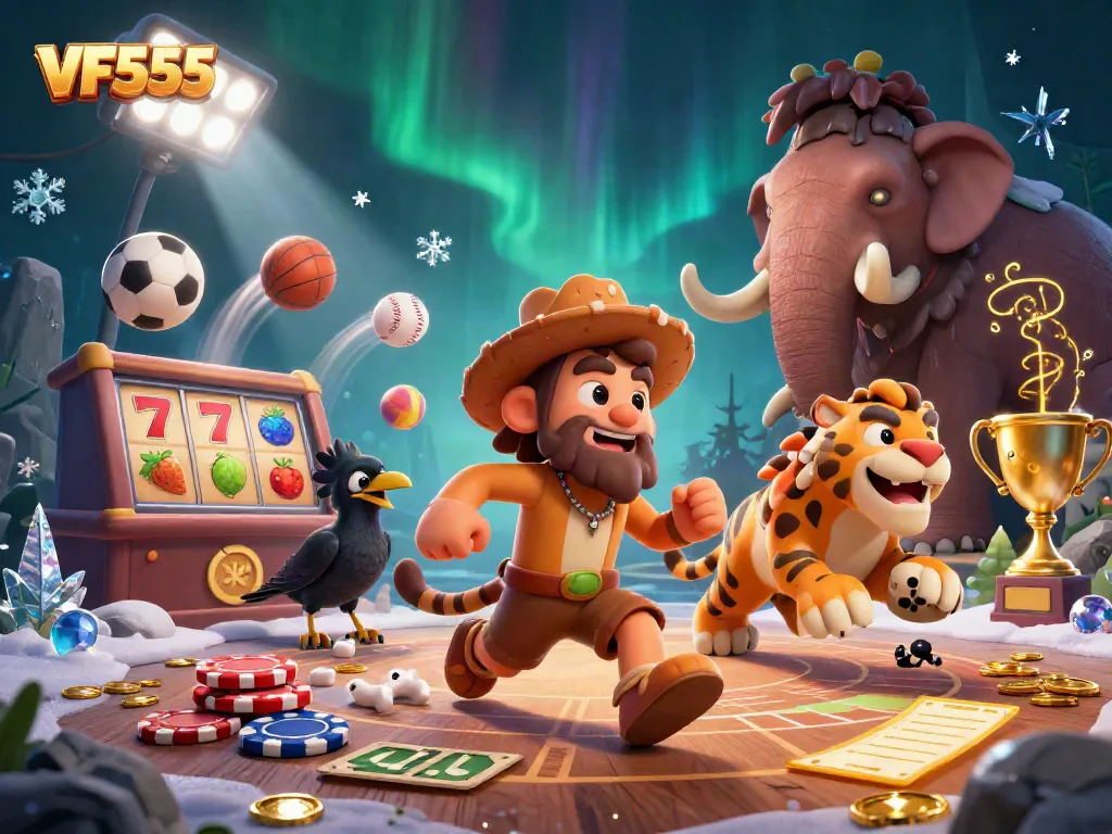 Watch the VF555 duo in action at their prehistoric casino filled with lively games and sports elements.