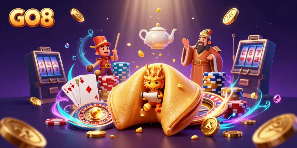 Experience exciting gameplay with GO8, featuring a golden fortune cookie and captivating casino elements.