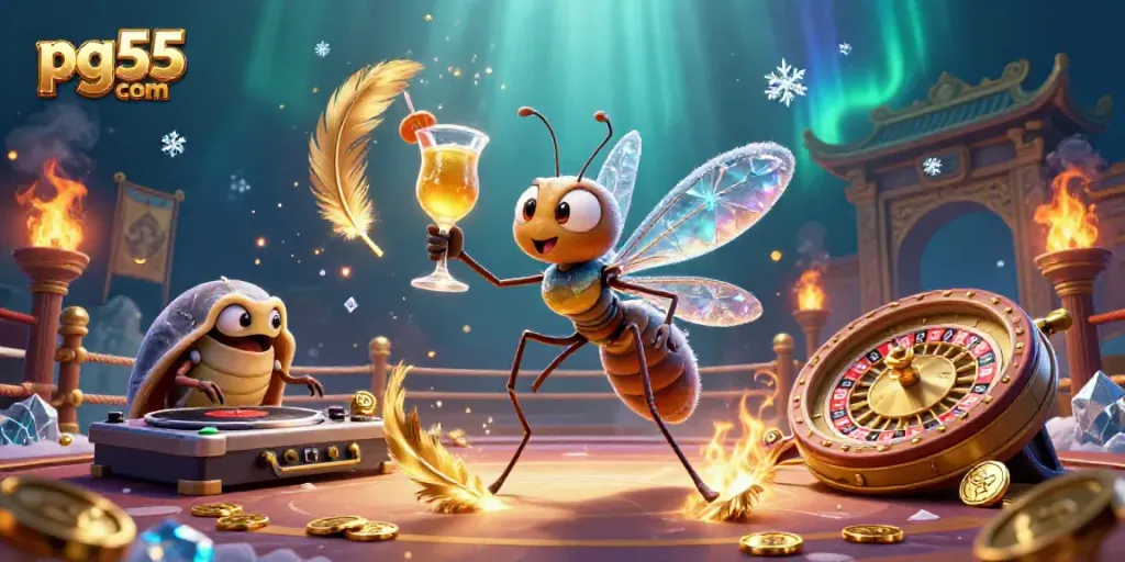 Experience thrilling casino action with pg55 com in this vibrant 3D illustration of unique characters.