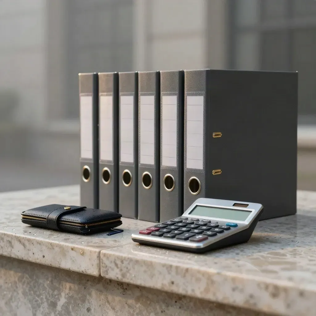 Graphite lease binders, calculator, and key case on damp stone at dawn.