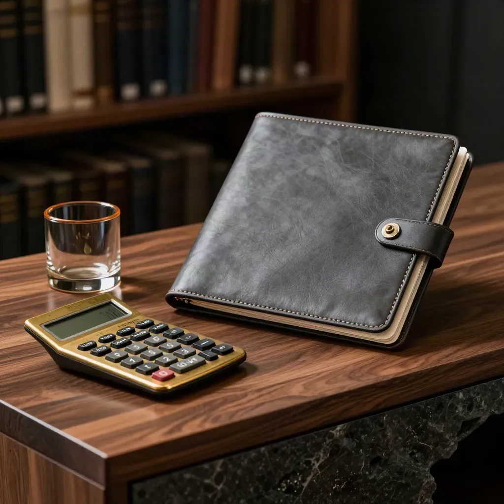 Brass calculator, smoked-glass paperweight, and clipped lease folder on walnut in dramatic light.