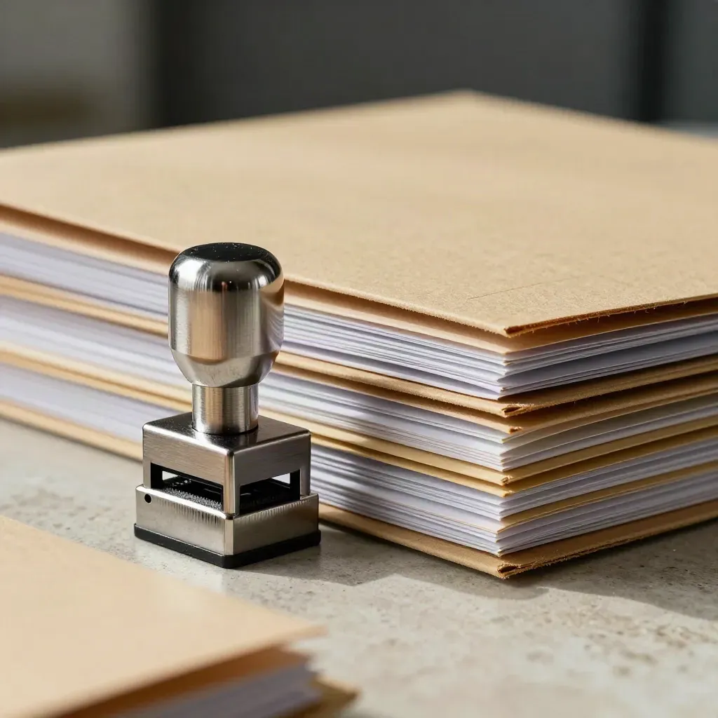 Macro of a metal stamp, tab dividers, and compliance folders on a khaki stone surface.