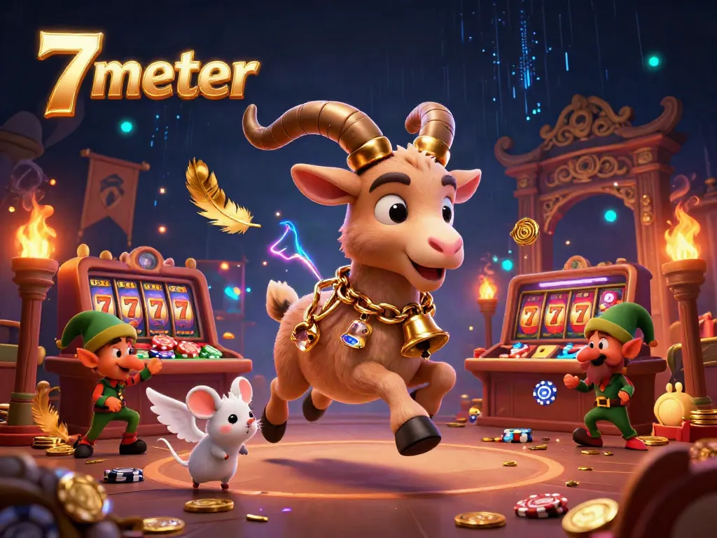 Engaging 3D scene depicting the festive chaos of a 7 meter casino with characters and swirling elements.