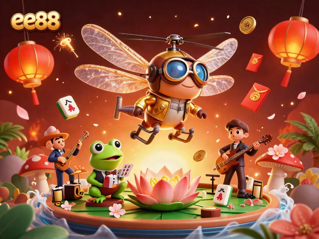 Experience excitement at ee88 with a vibrant 3D casino scene featuring characters and festive elements.