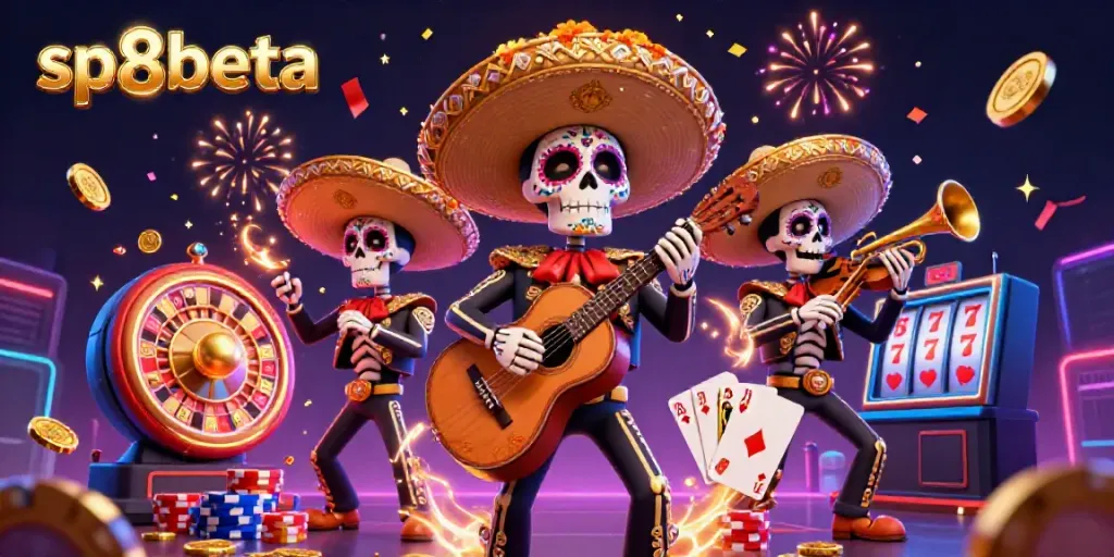Experience the vibrant entertainment of sp8beta with a lively mariachi band set against a dynamic casino backdrop.