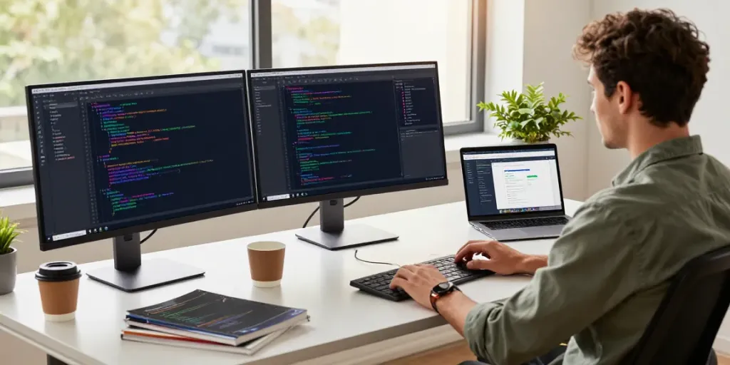 Developer using Notepad++ in a modern workspace with dual monitors and natural light.