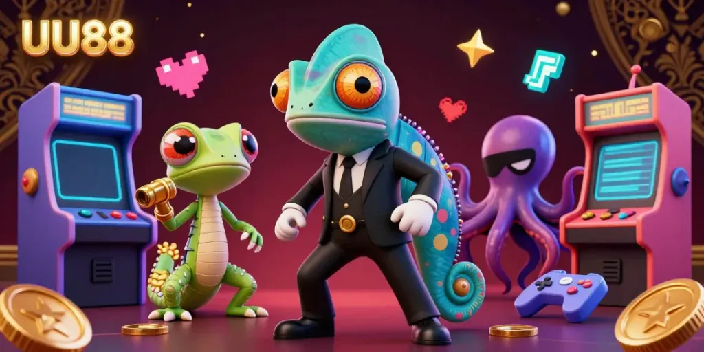 Engage with UU88's vibrant gaming experience featuring unique characters and casino elements.