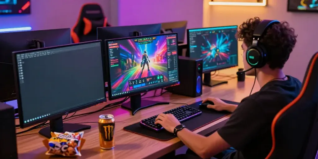 Situs Super33: Engaged gamer at immersive gaming setup with vibrant LEDs.