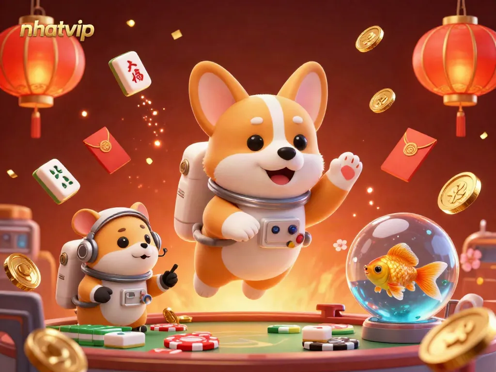 Nhatvip immersive gaming scene featuring an astronaut corgi, mission-control hamster, and floating elements.