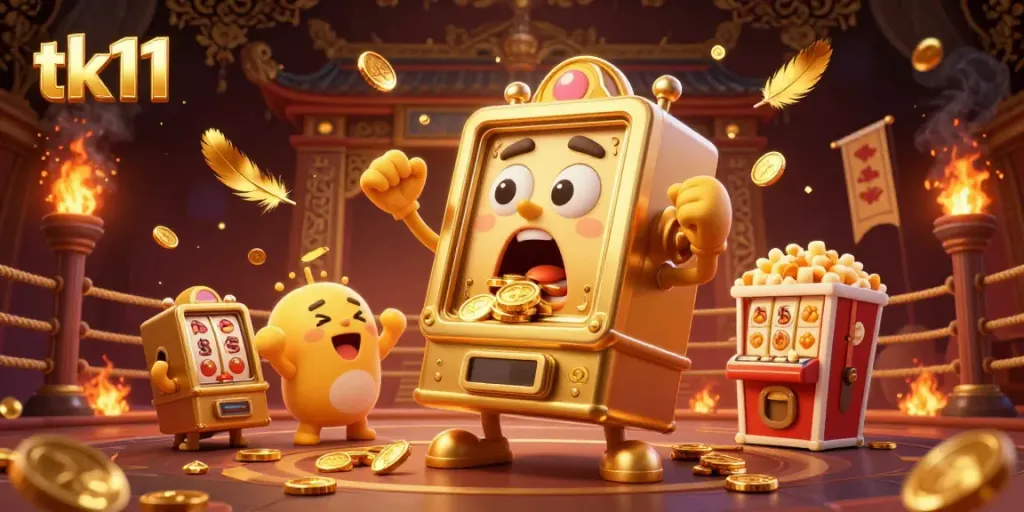 tk11 slot machine hitting jackpot with golden coins and cheering characters in a lively casino scene.