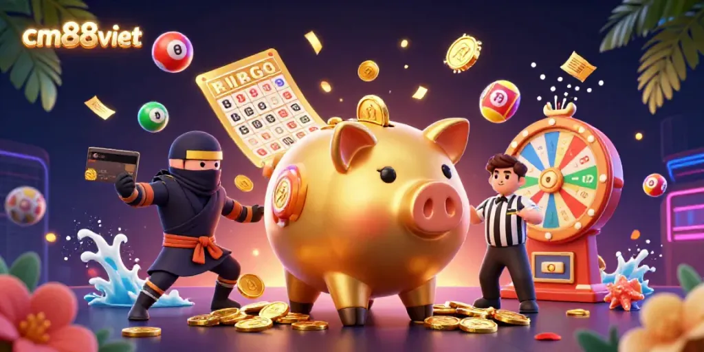 Watch the cm88viet golden piggy bank sumo wrestler stomp through a money rain in a vibrant lottery scene.