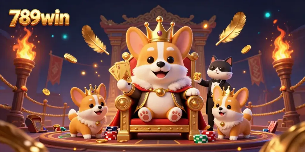 Experience the luxurious 789win poker scene, featuring a royal corgi on a throne surrounded by dynamic casino elements.