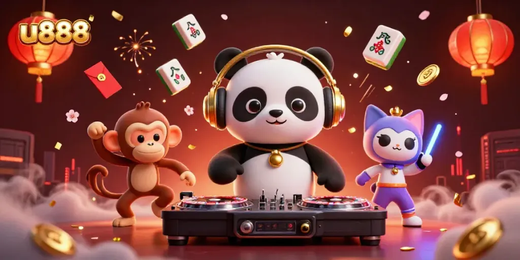 Engage with u888's dynamic online casino scene featuring lively characters and vibrant casino elements.
