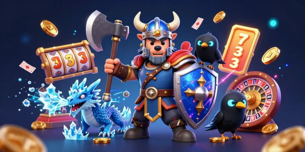 Engage in thrilling gameplay with 88clb featuring a Viking wolf warrior, dragon, and casino elements.