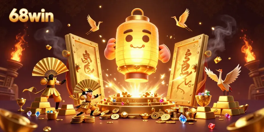 Engage in thrilling moments at 68win, featuring vibrant casino characters and glittering treasure.