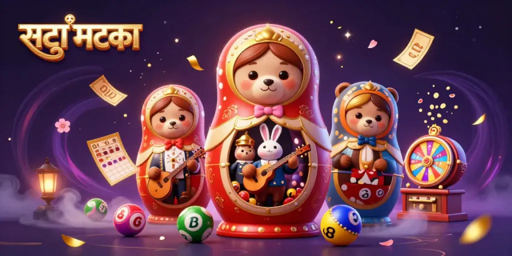 सट्टा मटका के शानदार खेल का दृश्य, रंग-बिरंगे लॉटरी बॉल्स के साथ