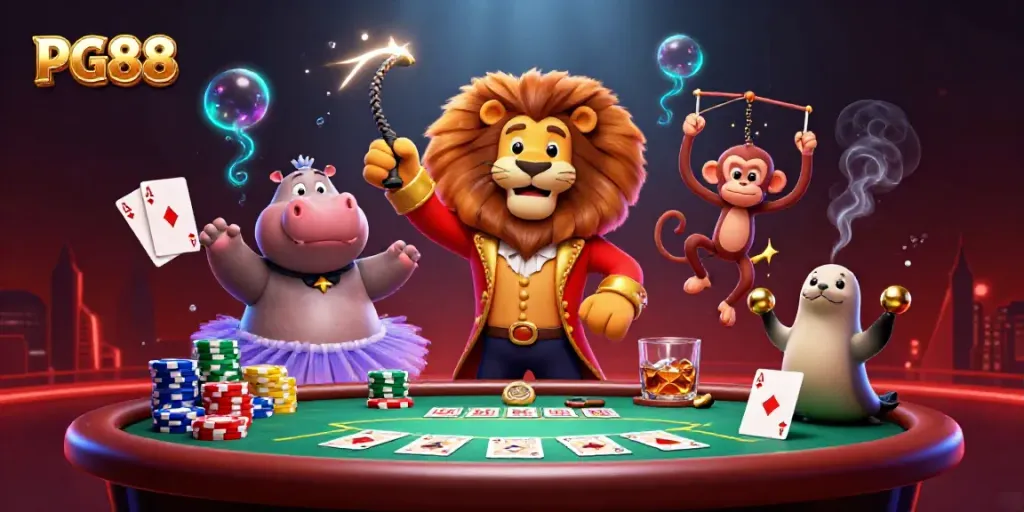 Engage in thrilling gameplay at PG88 with a lively casino scene featuring colorful characters and poker elements.