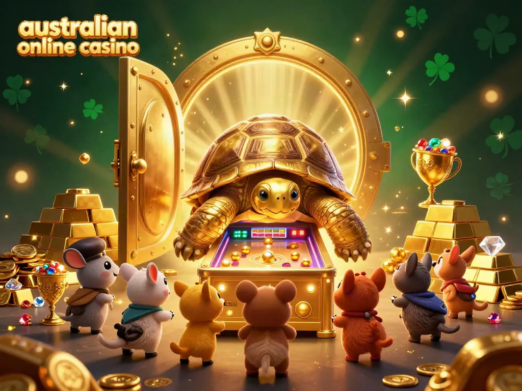 Play and win at an australian online casino as animals gather around a golden tortoise pinball machine.