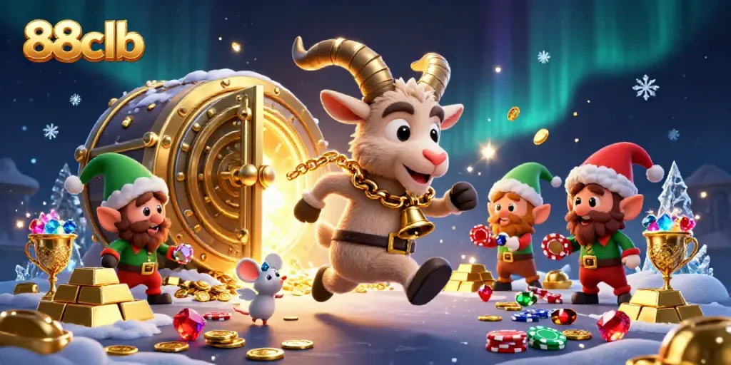 Experience the festive thrills of 88clb with a Krampus goat casino scene filled with treasures and mischief.