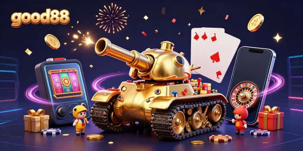 Celebrate winning with good88 as a golden beetle tank reveals a miniature casino with games and excitement.
