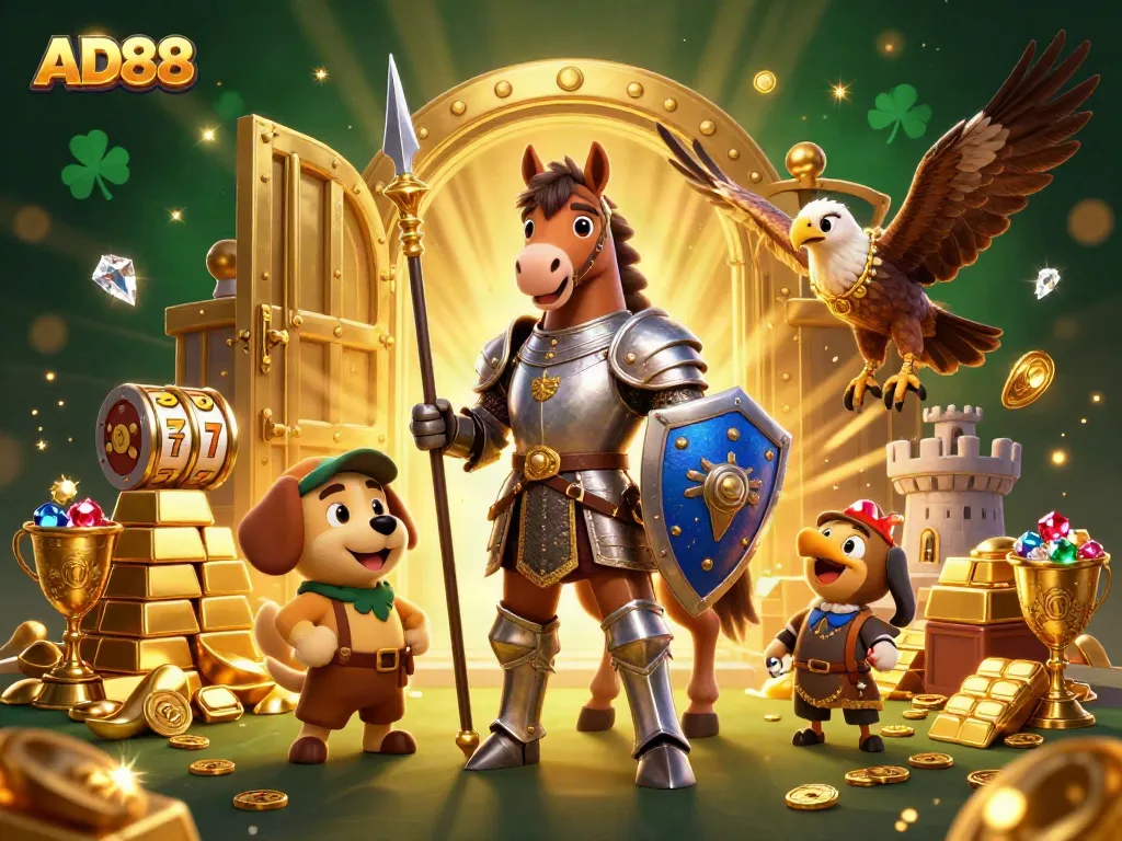 Experience thrilling gaming at AD88 with lively characters amid sparkling jackpots and treasures.
