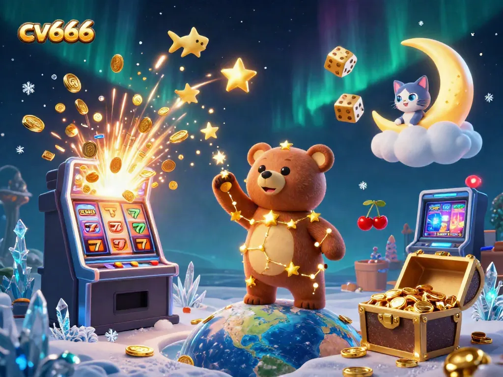 Engage in CV666's vibrant casino world, featuring dynamic elements like slot machines and lucky symbols for players.