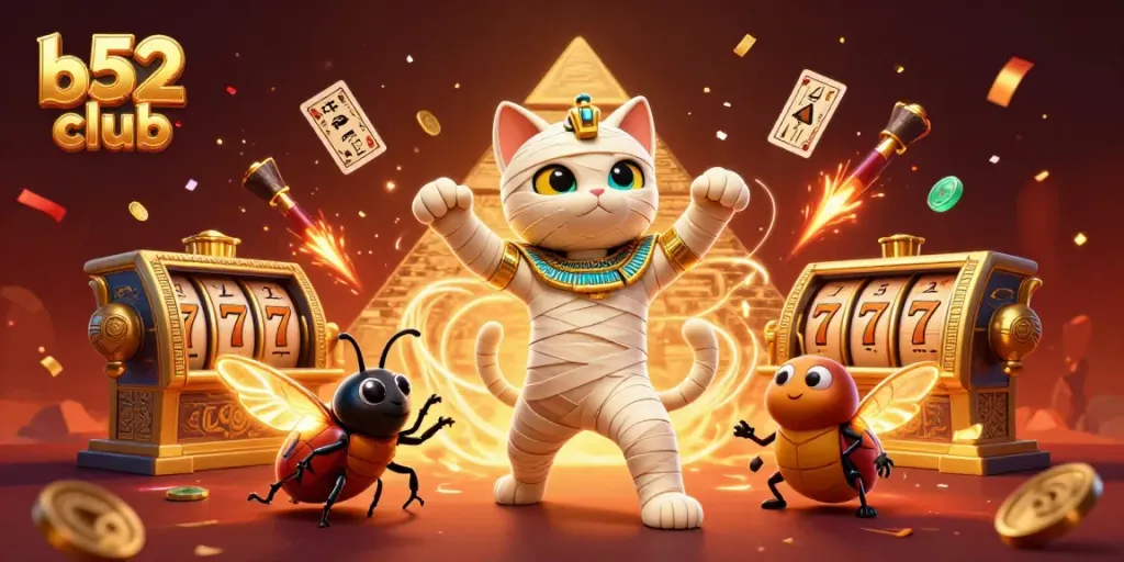 Spin the reels at b52 club with an Egyptian mummy cat and casino atmosphere filled with confetti.