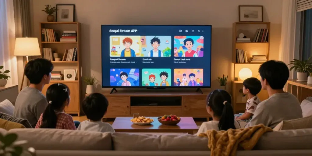 La scène de visionnage de la Senpai Stream APK sur TV, réunissant une famille et créant une atmosphère chaleureuse.