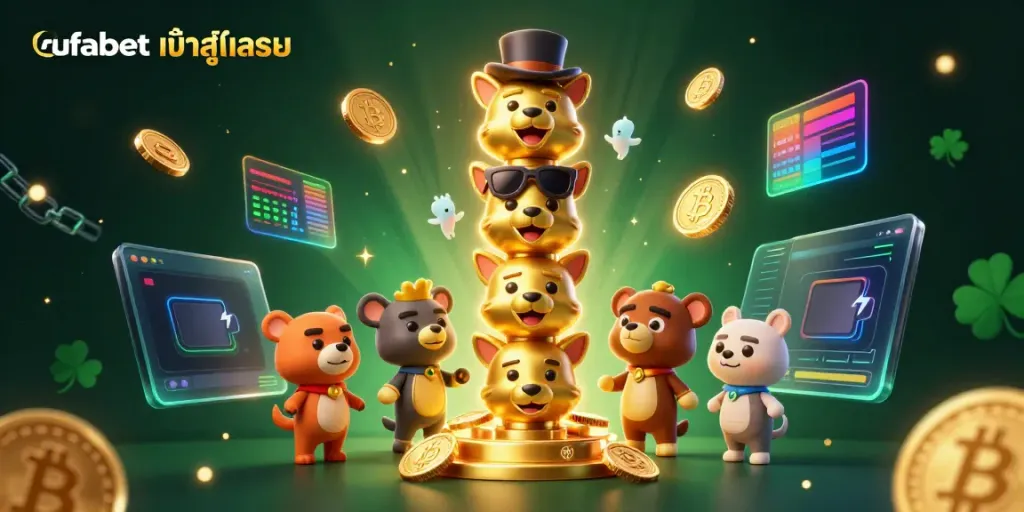 Experience the excitement of ufabet เข้าสู่ระบบ with a vibrant 3D illustration of a golden totem pole and dynamic crypto elements.