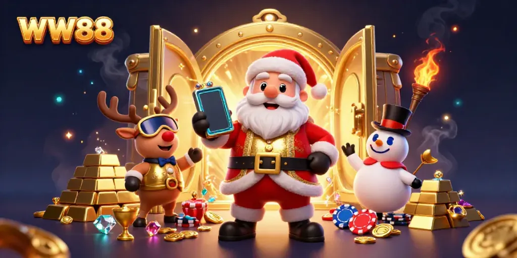 Experience thrilling gameplay with WW88, featuring Santa, reindeer, and a snowman in a colorful 3D casino.