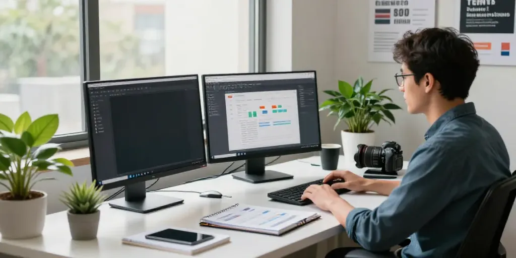 AI writing tools for content marketers enhancing creativity in a modern workspace.