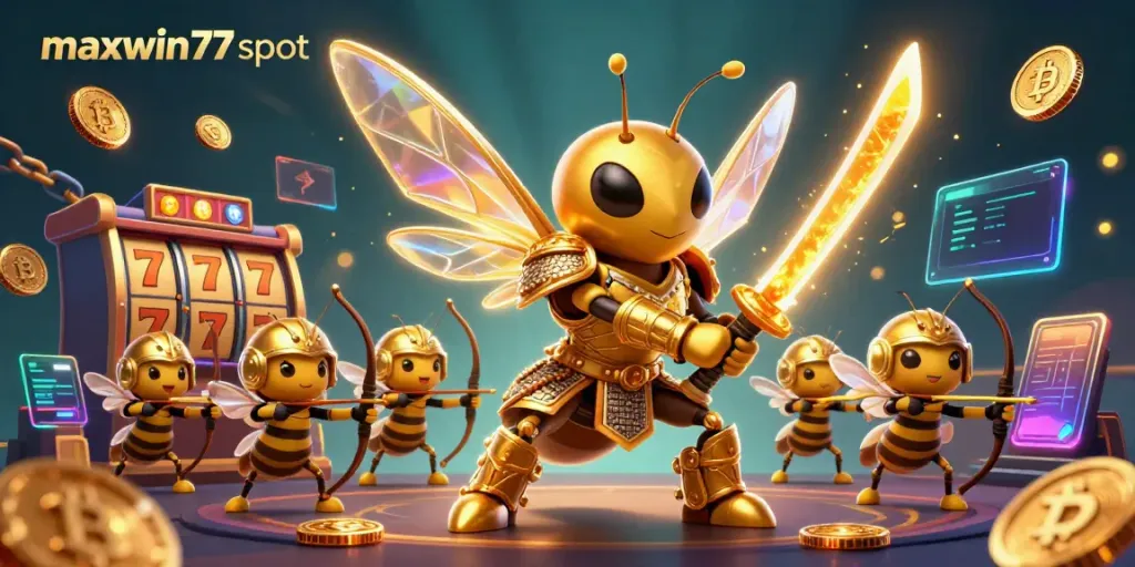 Win big with maxwin77 slot in a vibrant, animated casino scene featuring iconic symbols and crypto elements.