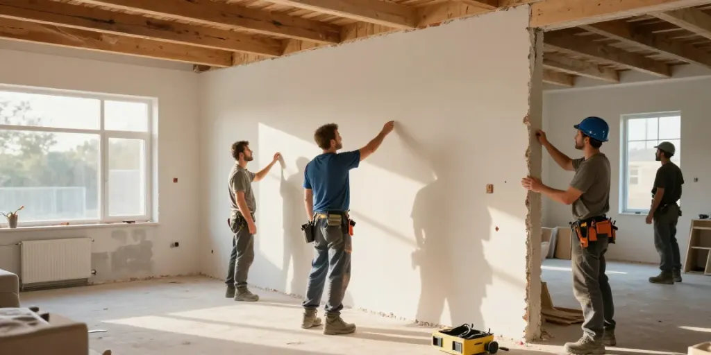 Professionele renovatie met MJ Renovatie terwijl een draagmuur wordt verwijderd in een modern huis.