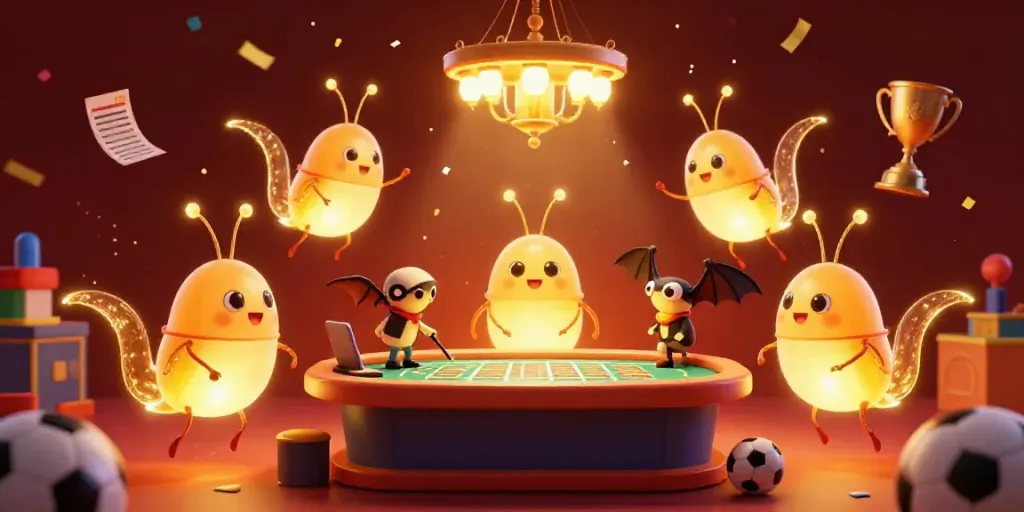 Xoilac glowworms illuminate a vibrant sports betting scene, featuring sports balls, betting slips, and a bat dealer.