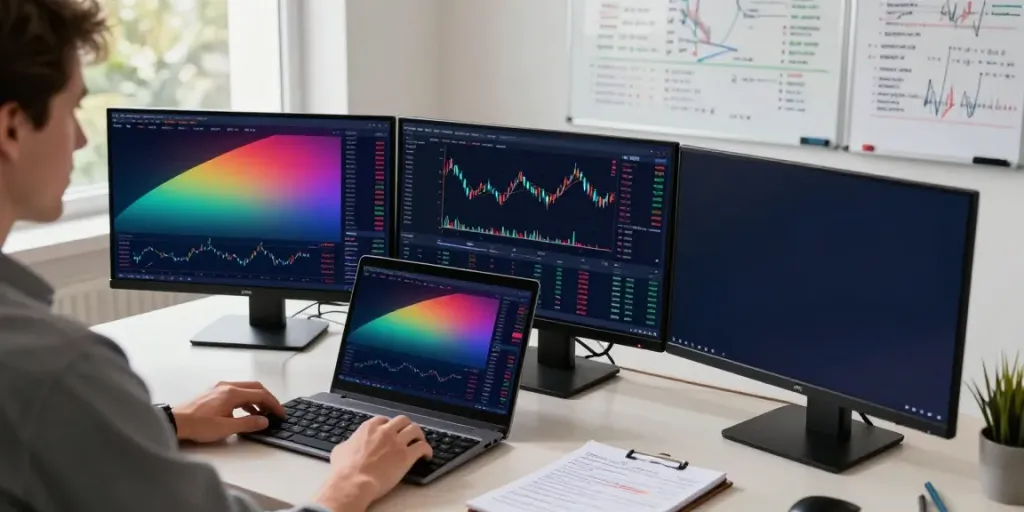 Trader using TradingView on dual monitors while analyzing financial data and charts in a professional workspace.
