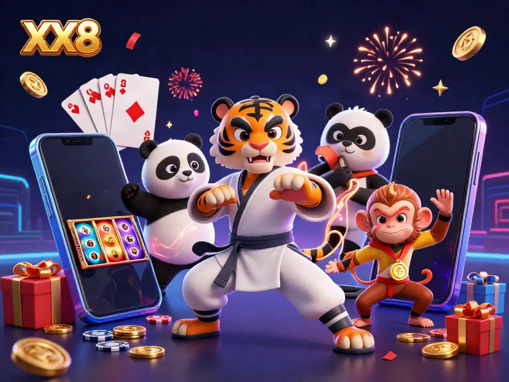Experience the excitement of XX8 with a dynamic 3D scene featuring a kung fu tiger, panda, and monkey.