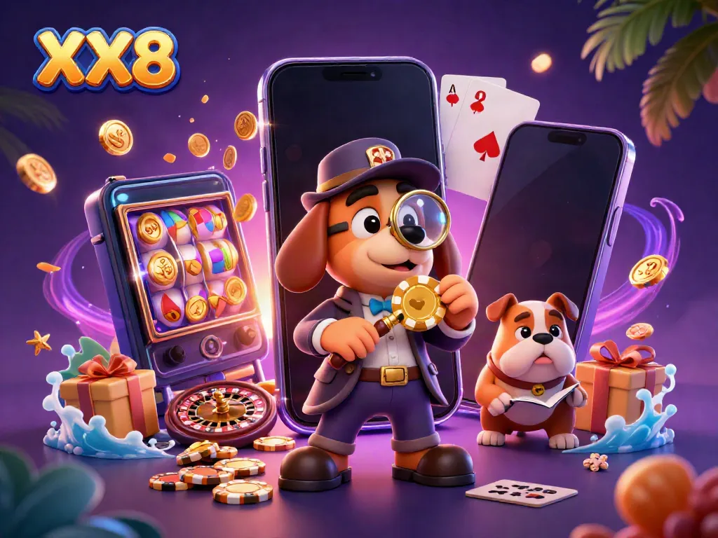 Engage in the vibrant world of XX8 with a 3D detective scene revealing hidden poker chip treasures.