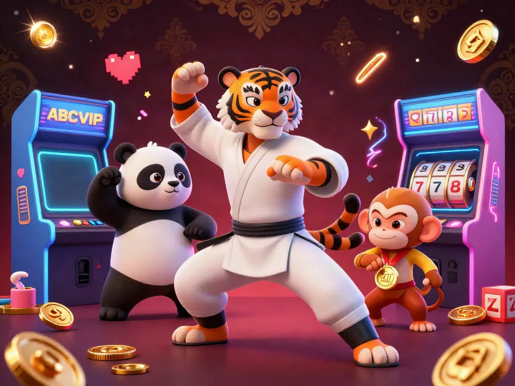 Engaging 3D illustration of ABCVIP characters in a vibrant casino setting with dynamic game elements.