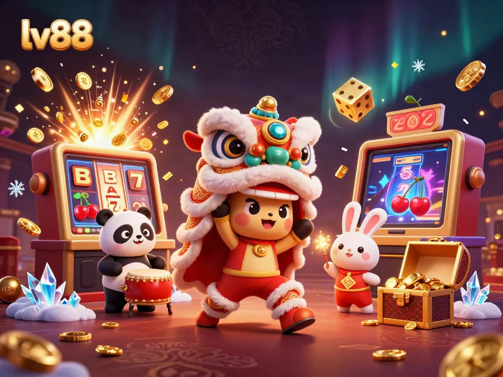 Experience the excitement of lv88 casino with a vibrant lion dance and jackpot symbols.