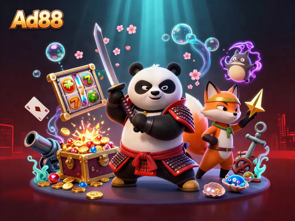 Ad88 samurai panda and ninja fox surrounded by dynamic casino visuals, showcasing slot games and treasures.