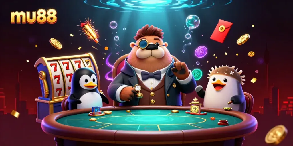 Engage with thrilling mu88 casino action featuring whimsical characters in an underwater poker scene.